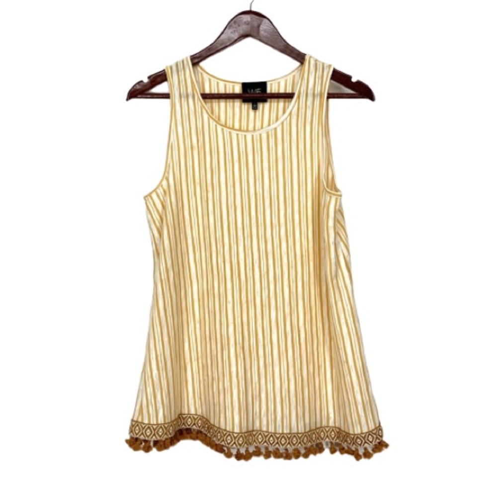 W5 Boho Golden Yellow Vertical Striped Woven Embroidered Knot Tassel Hem Tank To